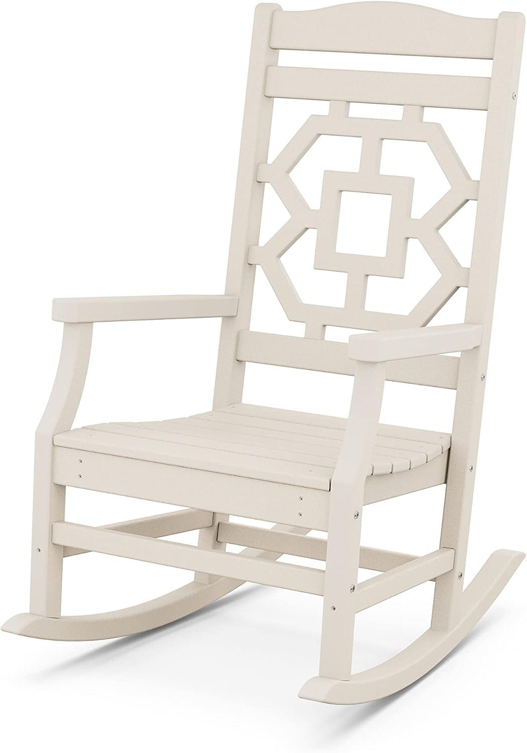 imageMartha Stewart by POLYWOOD Chinoiserie 3Piece Outdoor Rocking Chair Set with Patio Side Table Black HDPE AllWeather Furniture Classic Porch Rockers for Deck Garden amp Backyard Made in The USASand