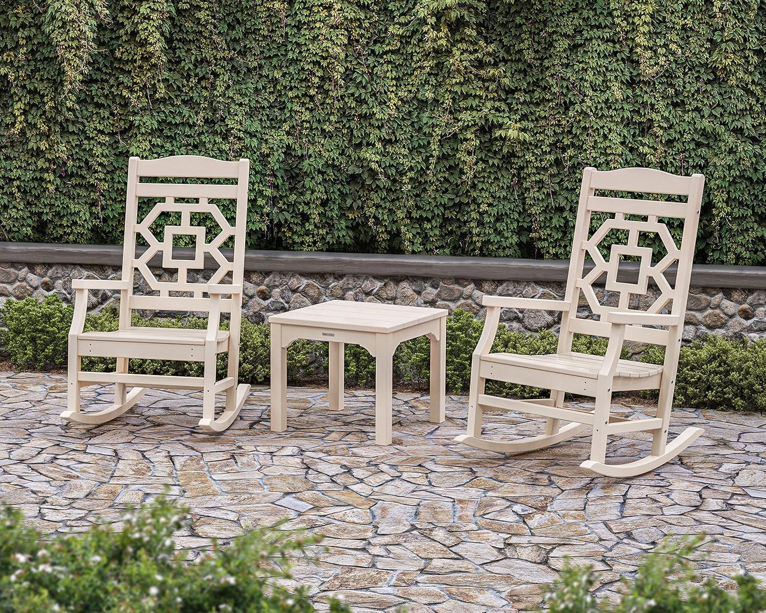 imageMartha Stewart by POLYWOOD Chinoiserie 3Piece Outdoor Rocking Chair Set with Patio Side Table Black HDPE AllWeather Furniture Classic Porch Rockers for Deck Garden amp Backyard Made in The USASand