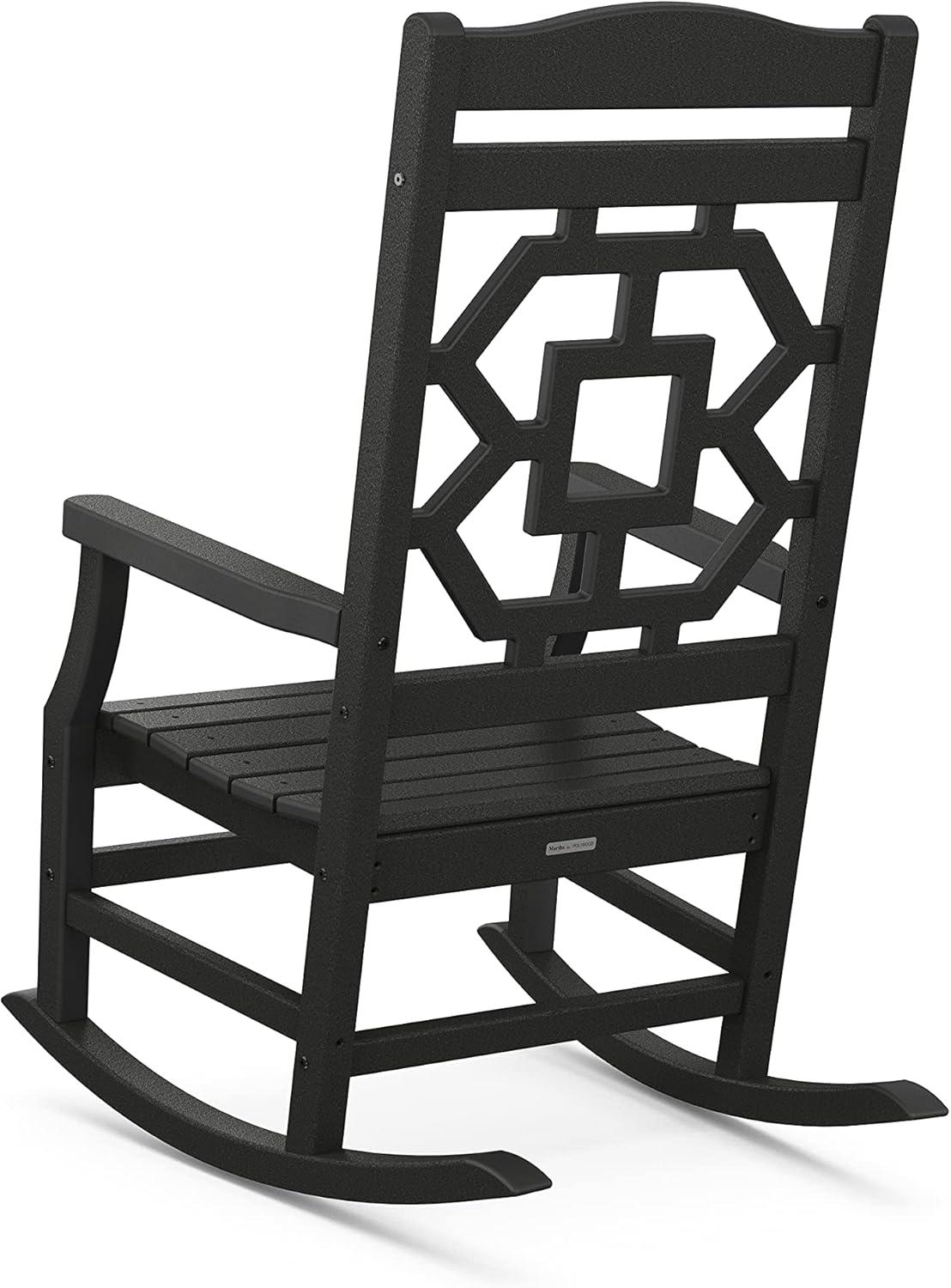 imageMartha Stewart by POLYWOOD Chinoiserie 3Piece Outdoor Rocking Chair Set with Patio Side Table Black HDPE AllWeather Furniture Classic Porch Rockers for Deck Garden amp Backyard Made in The USABlack