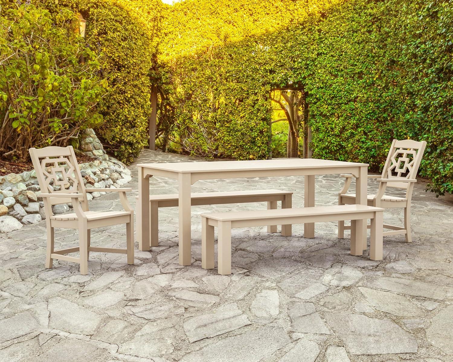imageMartha Stewart by POLYWOOD Chinoiserie 5Piece Parsons Dining Set with Benches Exclusive in Slate GreyGreen