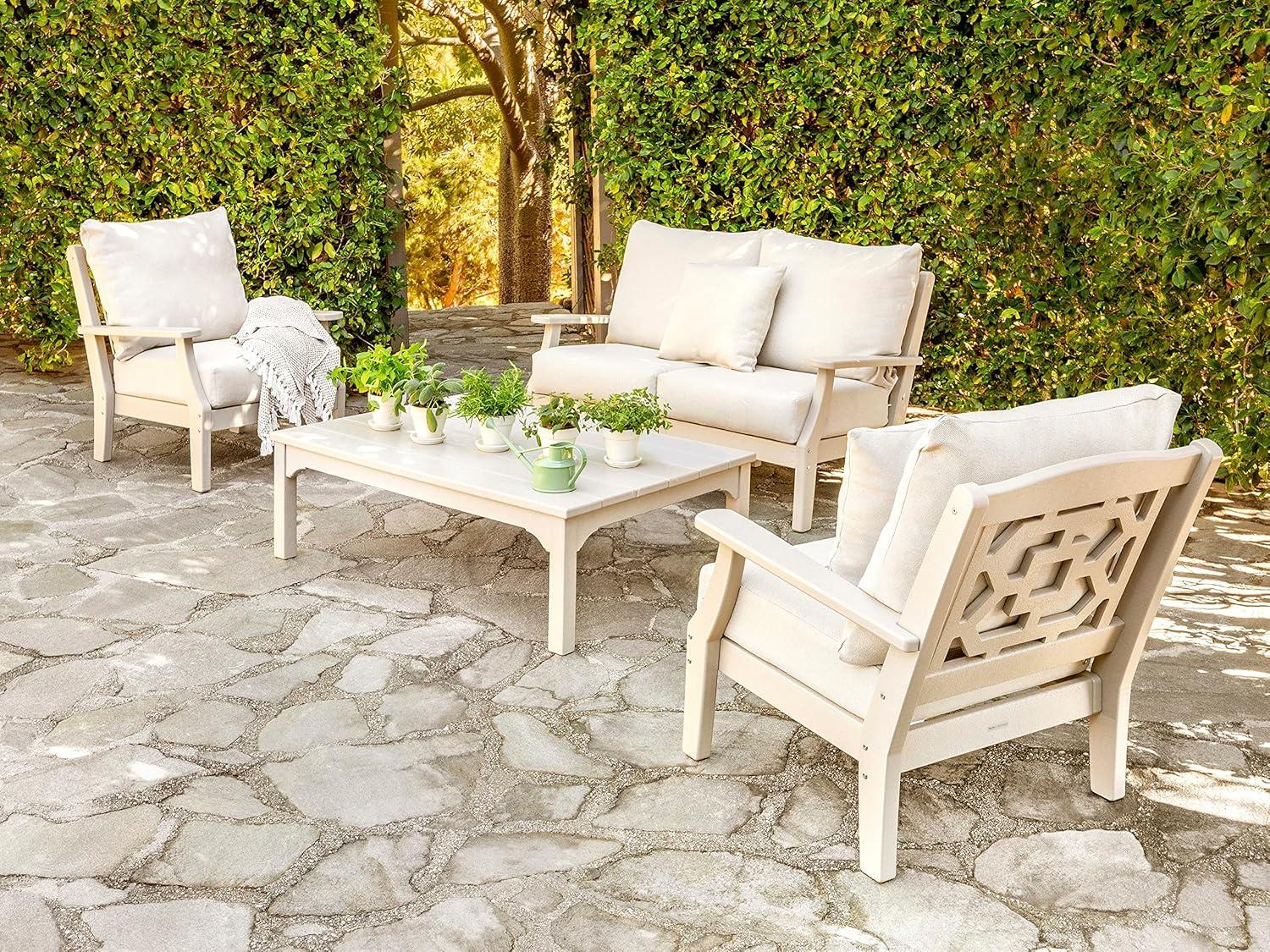 imageMartha Stewart by POLYWOOD Chinoiserie Deep Seating Loveseat in MahoganySpiced BurlapSlate Grey Natural Linen