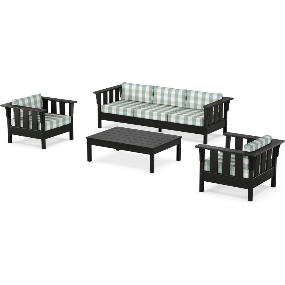 imageMartha Stewart by POLYWOOD Acadia 4Piece Deep Seating Set with Sofa in Black Sky BlueBuffalo Plaid Glacier Spa