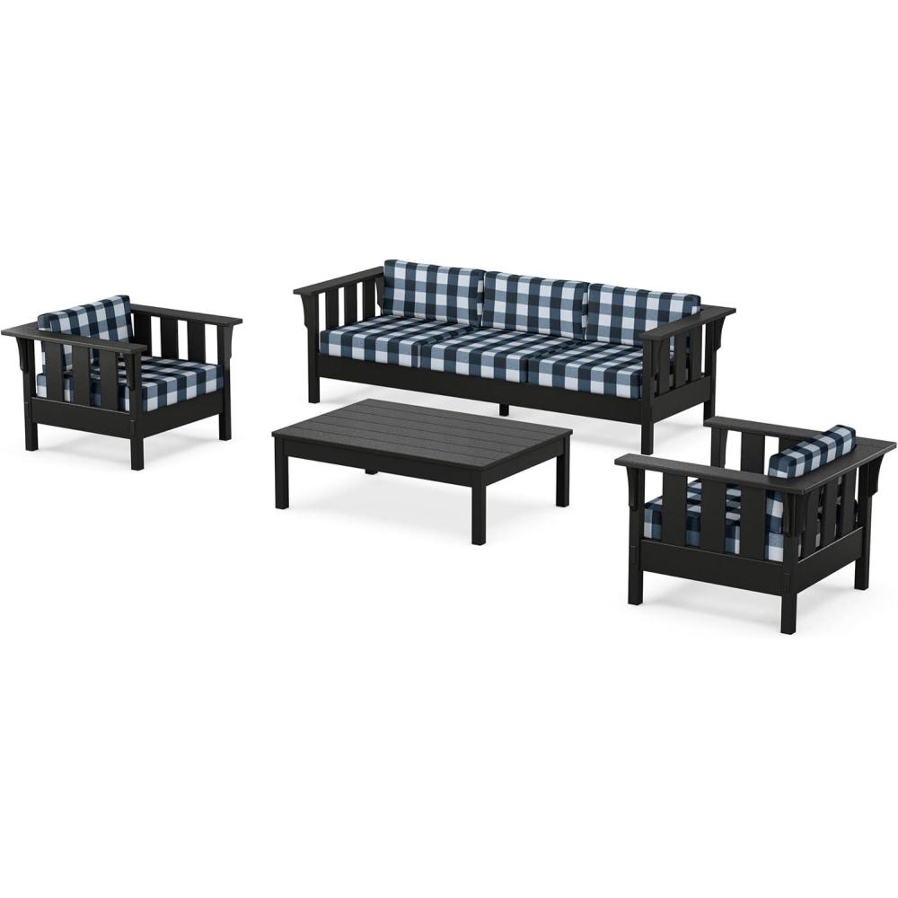imageMartha Stewart by POLYWOOD Acadia 4Piece Deep Seating Set with Sofa in Black Sky BlueBuffalo Plaid Marine Indigo
