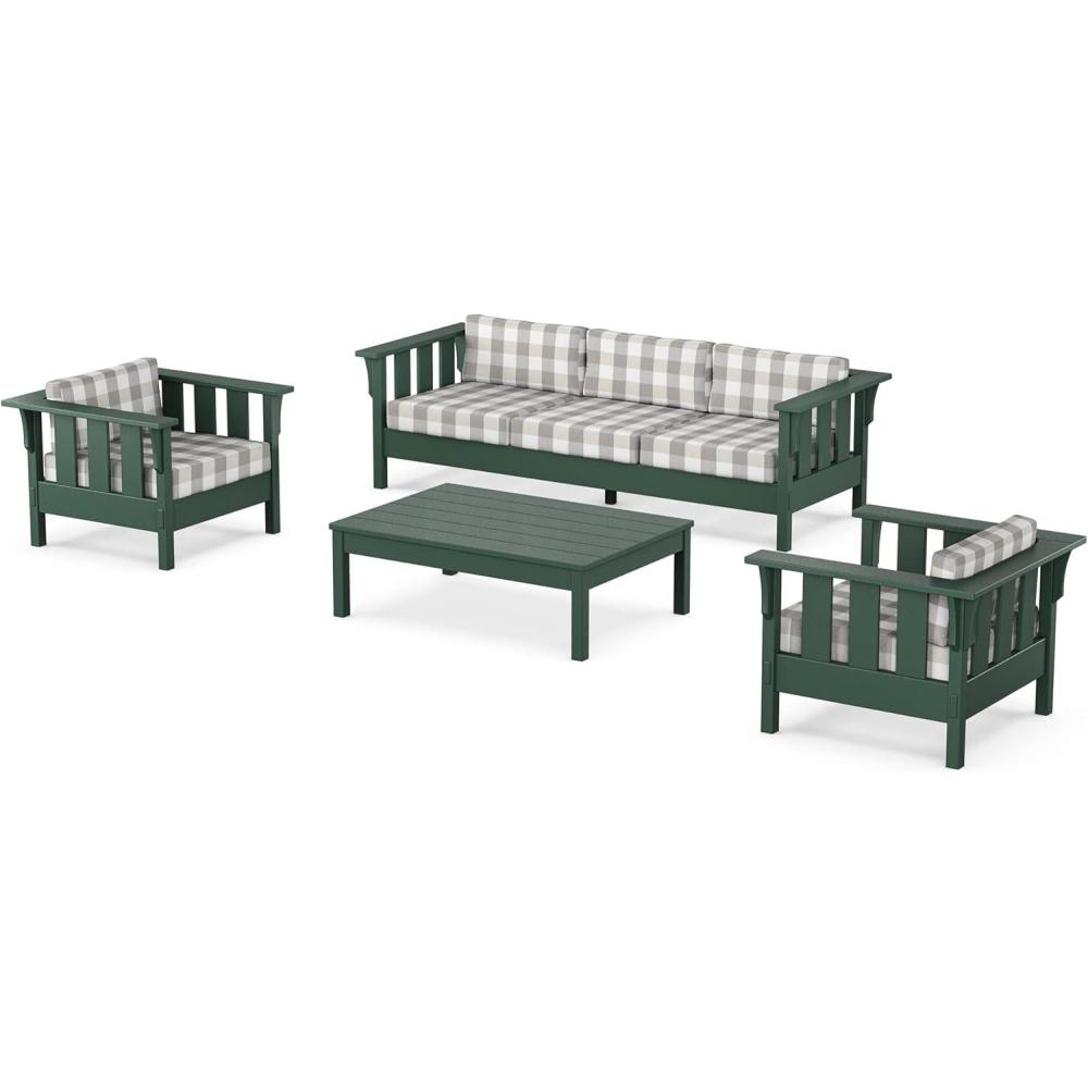imageMartha Stewart by POLYWOOD Acadia 4Piece Deep Seating Set with Sofa in Green Buffalo Plaid Grey MistBuffalo Plaid Grey Mist