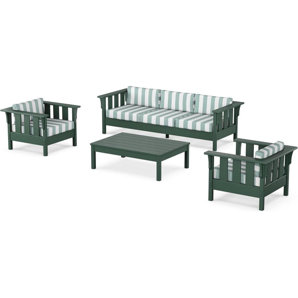 imageMartha Stewart by POLYWOOD Acadia 4Piece Deep Seating Set with Sofa in Green Buffalo Plaid Grey MistCabana Stripe Glacier Spa