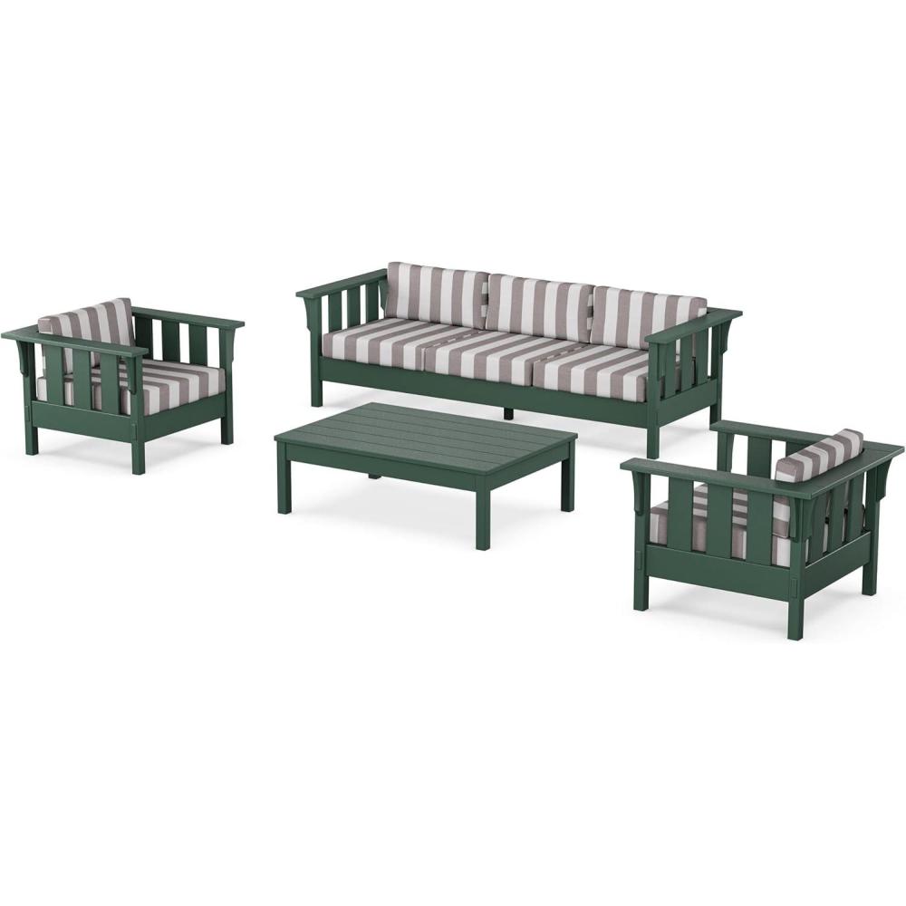 imageMartha Stewart by POLYWOOD Acadia 4Piece Deep Seating Set with Sofa in Green Buffalo Plaid Grey MistCabana Stripe Grey Mist