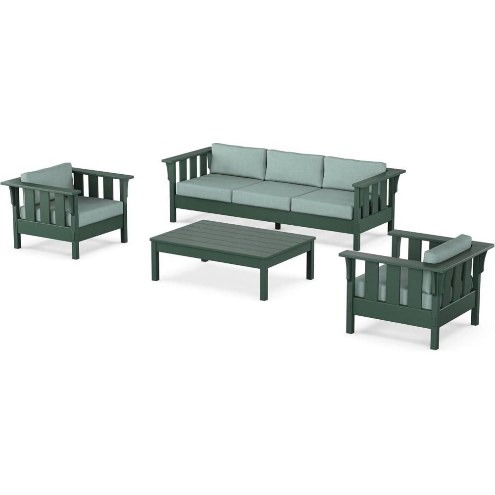 imageMartha Stewart by POLYWOOD Acadia 4Piece Deep Seating Set with Sofa in Green Buffalo Plaid Grey MistGlacier Spa