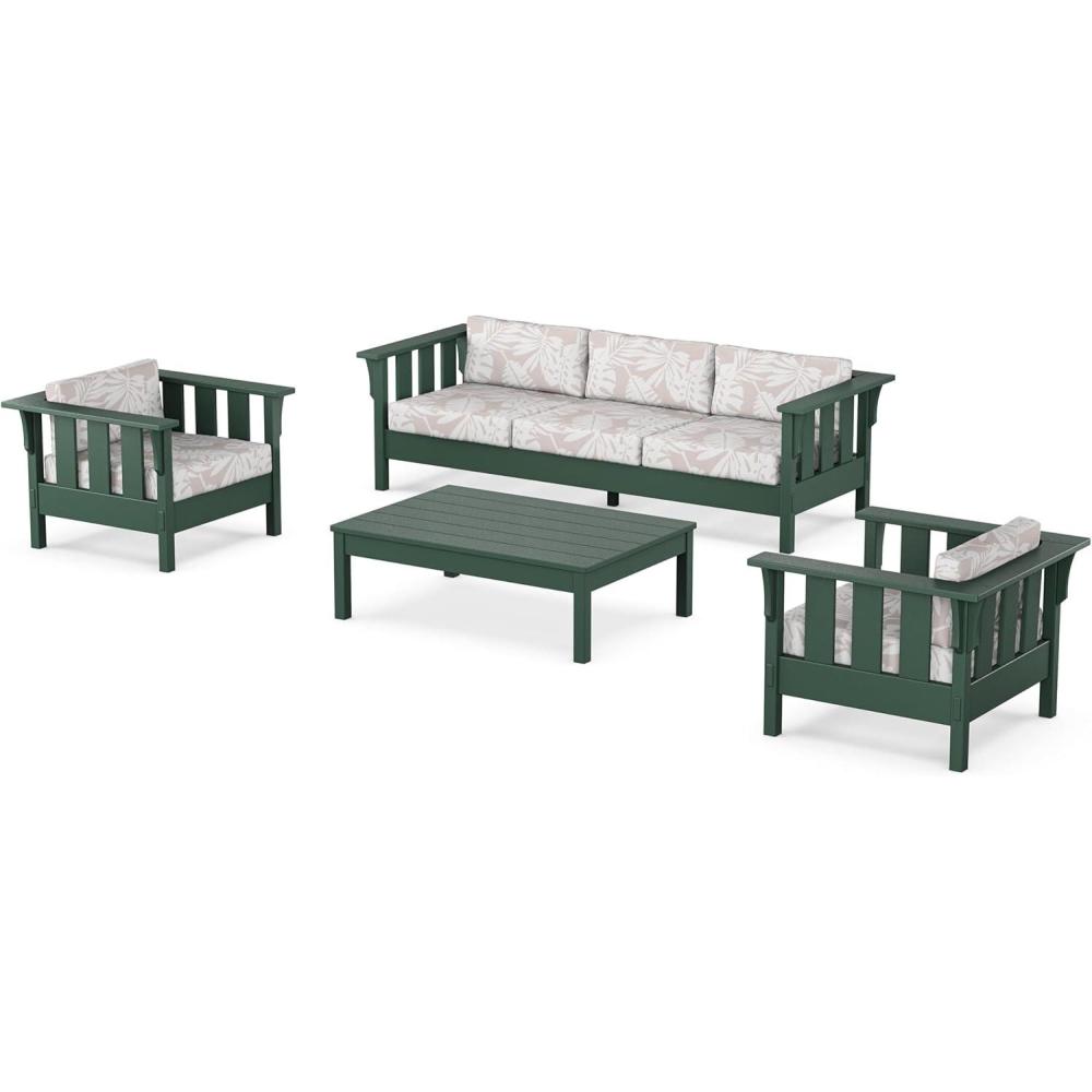 imageMartha Stewart by POLYWOOD Acadia 4Piece Deep Seating Set with Sofa in Green Buffalo Plaid Grey MistLeaf Dune Burlap