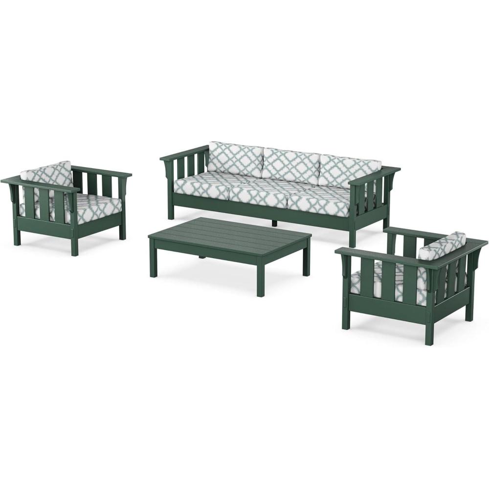 imageMartha Stewart by POLYWOOD Acadia 4Piece Deep Seating Set with Sofa in Green Buffalo Plaid Grey MistTrellis Glacier Spa