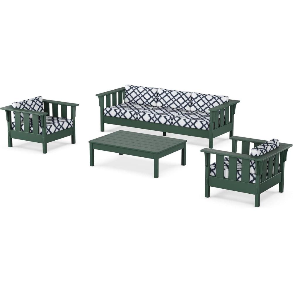 imageMartha Stewart by POLYWOOD Acadia 4Piece Deep Seating Set with Sofa in Green Buffalo Plaid Grey MistTrellis Marine Indigo