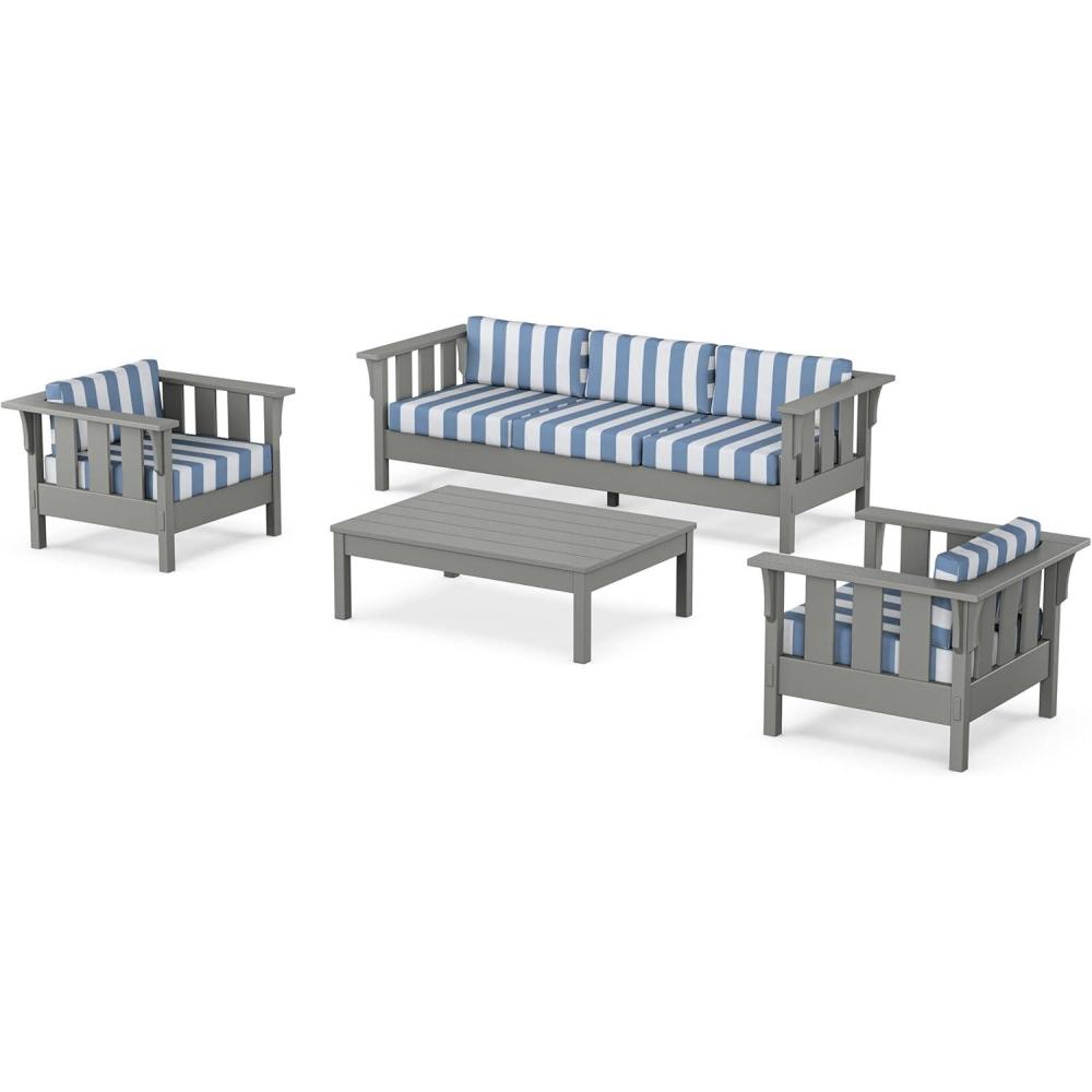 imageMartha Stewart by POLYWOOD Acadia 4Piece Deep Seating Set with Sofa in Slate Grey Ash CharcoalCabana Stripe Sky Blue