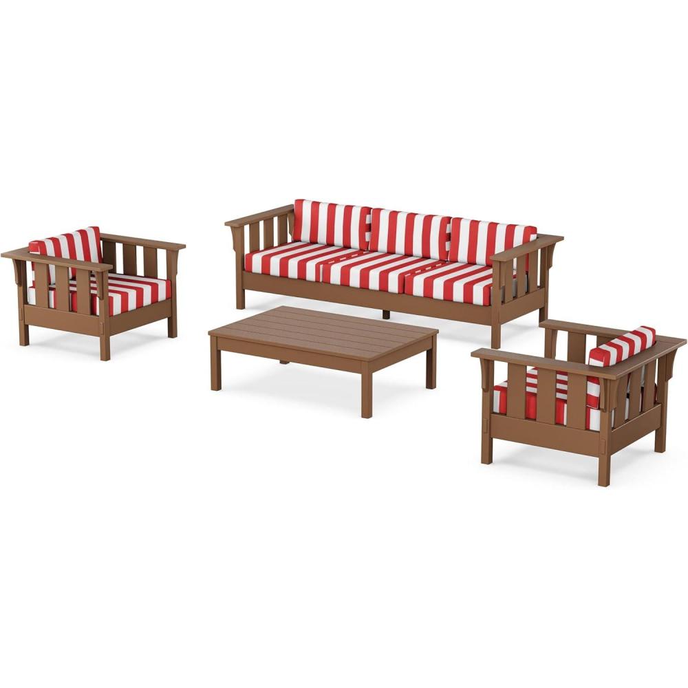 imageMartha Stewart by POLYWOOD Acadia 4Piece Deep Seating Set with Sofa in Teak Dune BurlapCabana Stripe Crimson