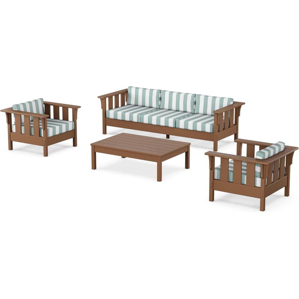 imageMartha Stewart by POLYWOOD Acadia 4Piece Deep Seating Set with Sofa in Teak Dune BurlapCabana Stripe Glacier Spa