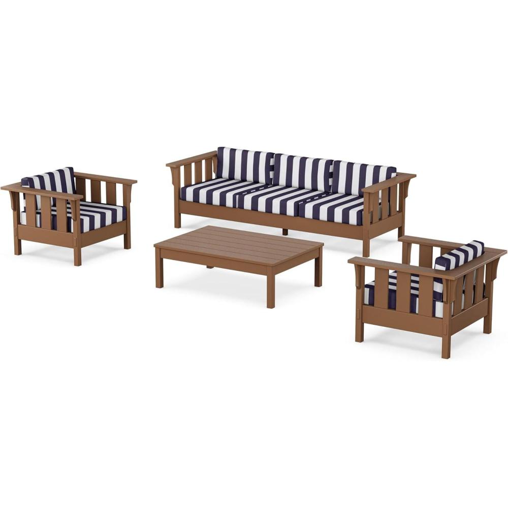 imageMartha Stewart by POLYWOOD Acadia 4Piece Deep Seating Set with Sofa in Teak Dune BurlapCabana Stripe Navy