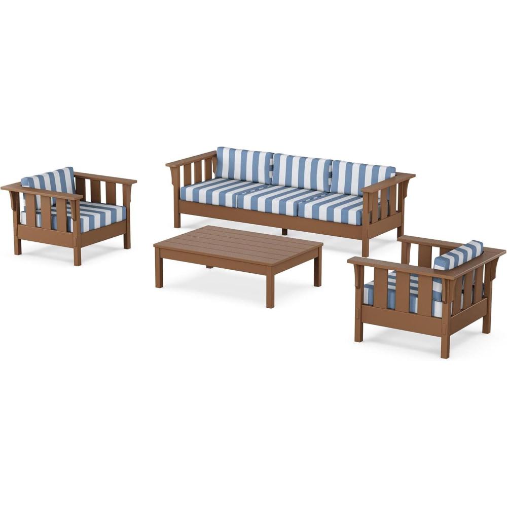imageMartha Stewart by POLYWOOD Acadia 4Piece Deep Seating Set with Sofa in Teak Dune BurlapCabana Stripe Sky Blue