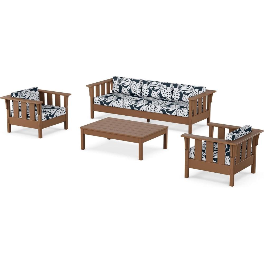 imageMartha Stewart by POLYWOOD Acadia 4Piece Deep Seating Set with Sofa in Teak Dune BurlapLeaf Marine Indigo