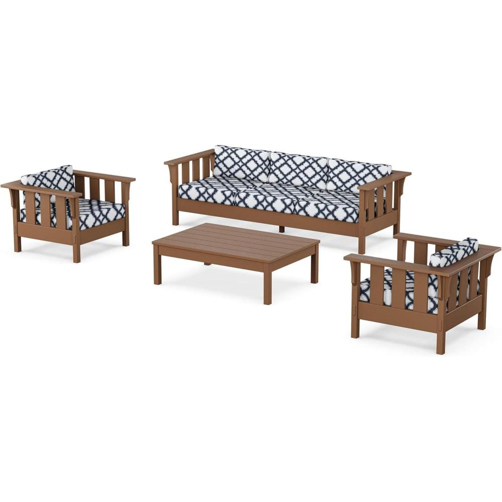 imageMartha Stewart by POLYWOOD Acadia 4Piece Deep Seating Set with Sofa in Teak Dune BurlapTrellis Marine Indigo