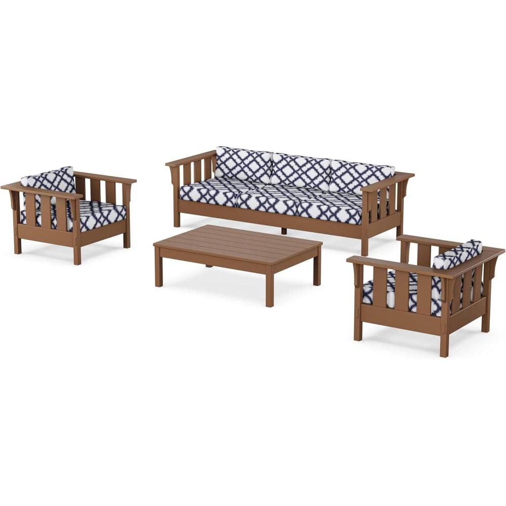 imageMartha Stewart by POLYWOOD Acadia 4Piece Deep Seating Set with Sofa in Teak Dune BurlapTrellis Navy