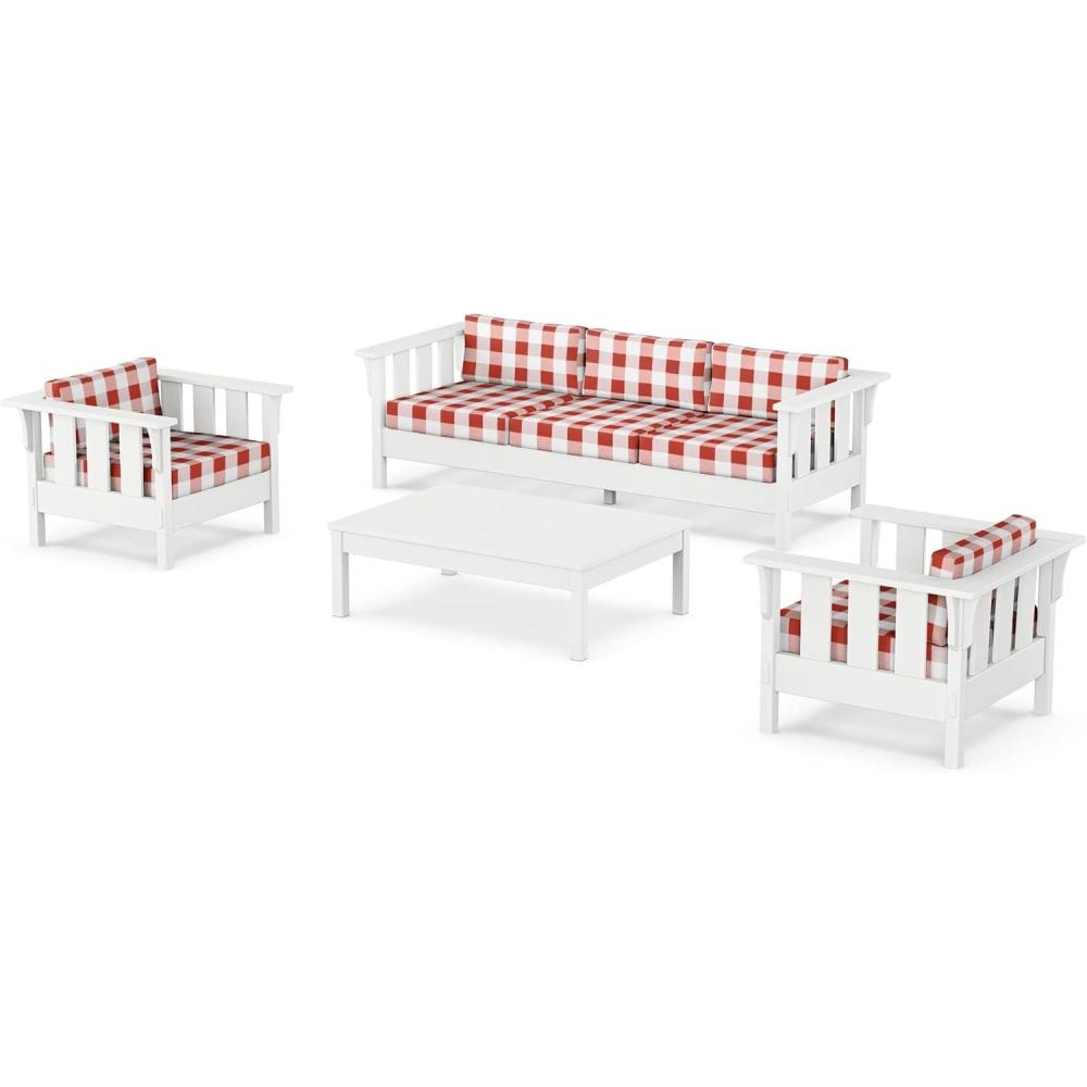 imageMartha Stewart by POLYWOOD Acadia 4Piece Deep Seating Set with Sofa in White Trellis Sky BlueBuffalo Plaid Crimson