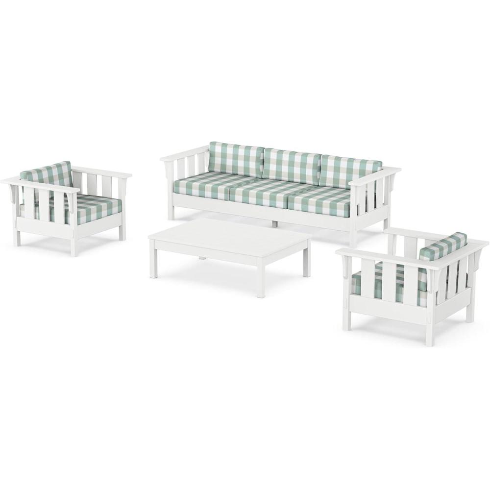 imageMartha Stewart by POLYWOOD Acadia 4Piece Deep Seating Set with Sofa in White Trellis Sky BlueBuffalo Plaid Glacier Spa