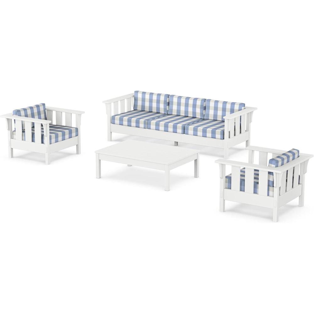 imageMartha Stewart by POLYWOOD Acadia 4Piece Deep Seating Set with Sofa in White Trellis Sky BlueBuffalo Plaid Sky Blue