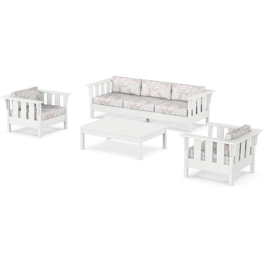 imageMartha Stewart by POLYWOOD Acadia 4Piece Deep Seating Set with Sofa in White Trellis Sky BlueLeaf Dune Burlap