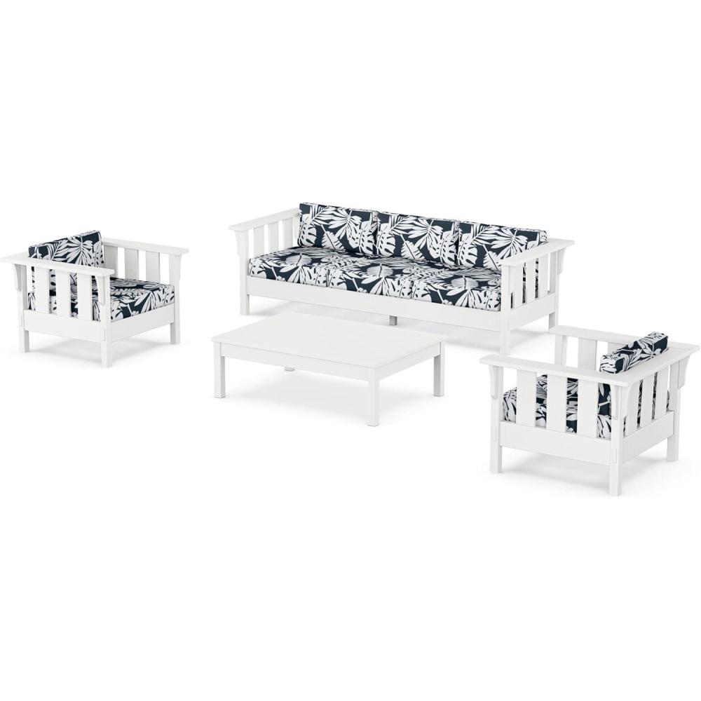 imageMartha Stewart by POLYWOOD Acadia 4Piece Deep Seating Set with Sofa in White Trellis Sky BlueLeaf Marine Indigo