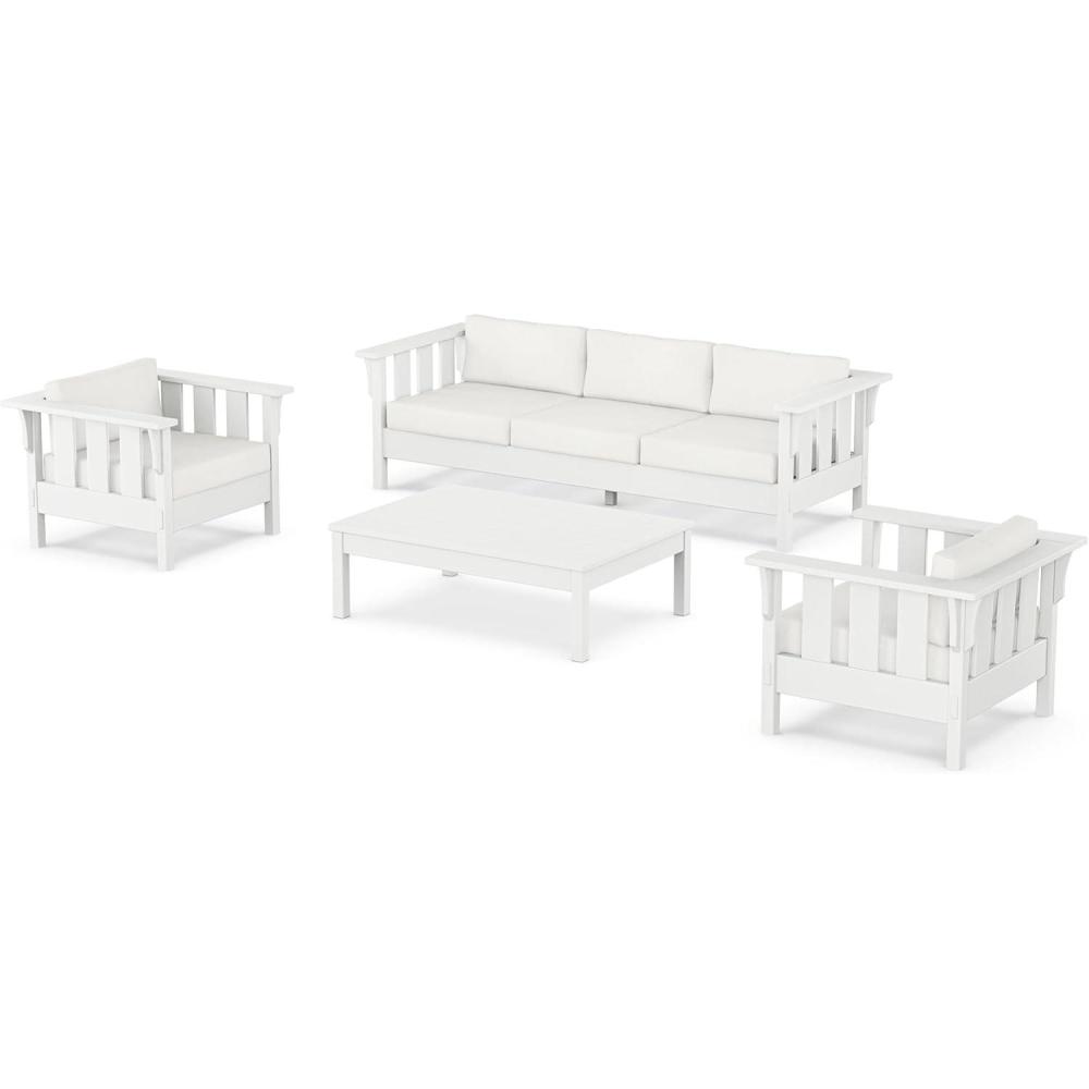 imageMartha Stewart by POLYWOOD Acadia 4Piece Deep Seating Set with Sofa in White Trellis Sky BlueNatural Linen