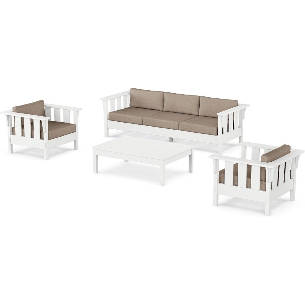 imageMartha Stewart by POLYWOOD Acadia 4Piece Deep Seating Set with Sofa in White Trellis Sky BlueSpiced Burlap