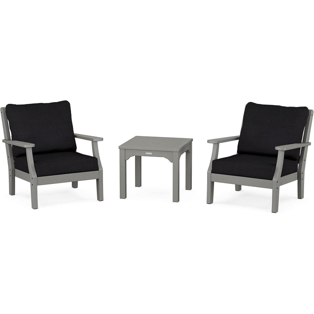 imageMartha Stewart by POLYWOOD Chinoiserie 3Piece Deep Seating Set in MahoganySpiced BurlapSlate Grey Midnight Linen