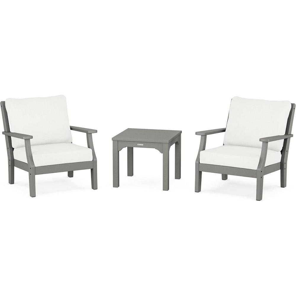 imageMartha Stewart by POLYWOOD Chinoiserie 3Piece Deep Seating Set in MahoganySpiced BurlapSlate Grey Natural Linen