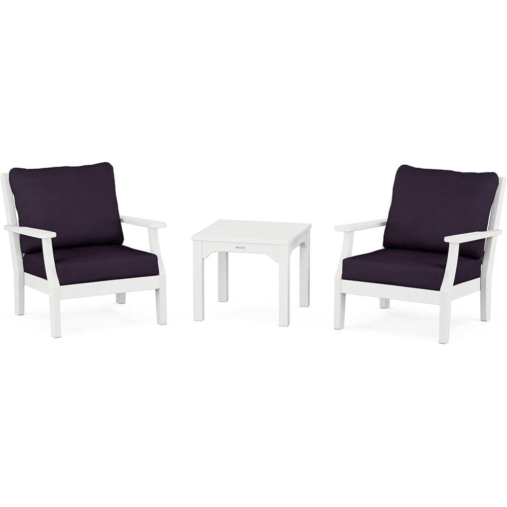 imageMartha Stewart by POLYWOOD Chinoiserie 3Piece Deep Seating Set in MahoganySpiced BurlapWhite  Navy Linen