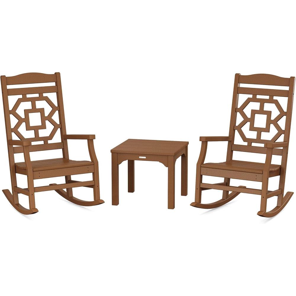 imageMartha Stewart by POLYWOOD Chinoiserie 3Piece Outdoor Rocking Chair Set with Patio Side Table Black HDPE AllWeather Furniture Classic Porch Rockers for Deck Garden amp Backyard Made in The USATeak