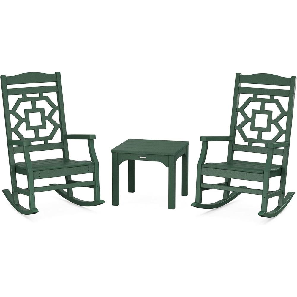 imageMartha Stewart by POLYWOOD Chinoiserie 3Piece Outdoor Rocking Chair Set with Patio Side Table Black HDPE AllWeather Furniture Classic Porch Rockers for Deck Garden amp Backyard Made in The USAGreen