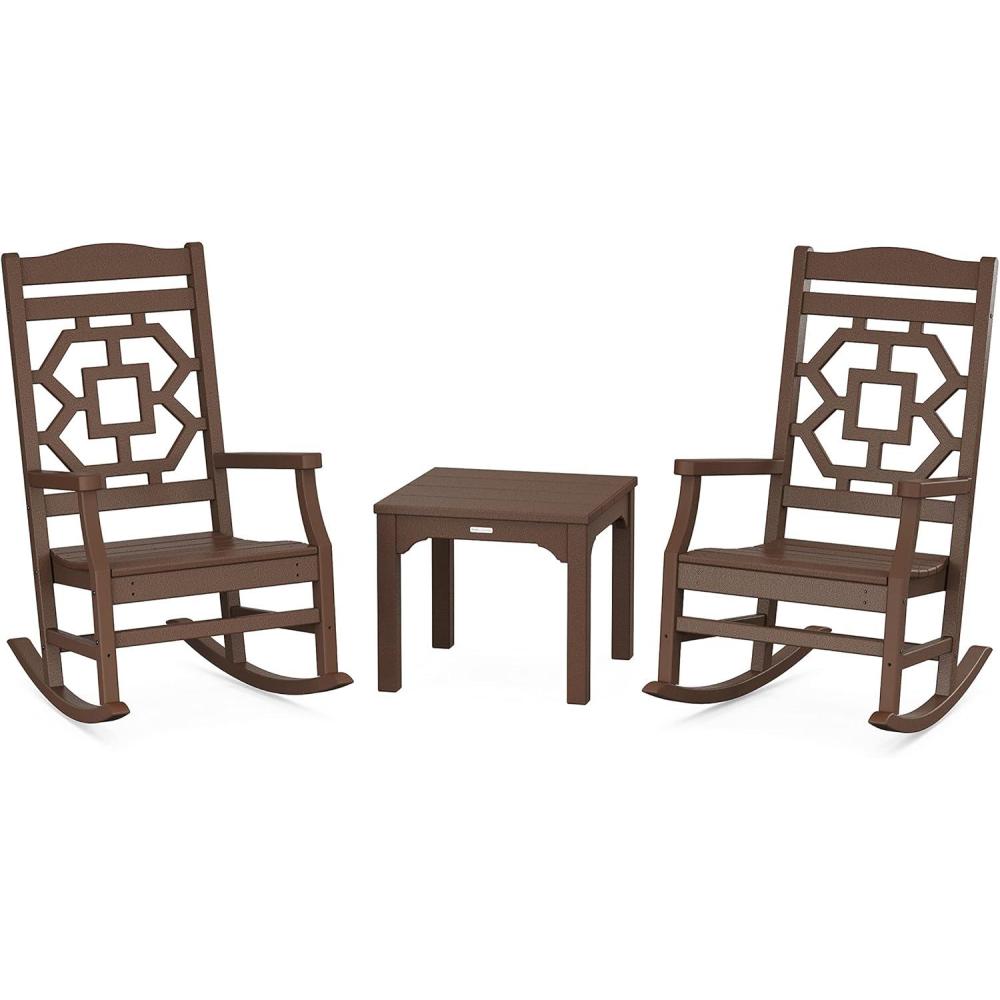 imageMartha Stewart by POLYWOOD Chinoiserie 3Piece Outdoor Rocking Chair Set with Patio Side Table Black HDPE AllWeather Furniture Classic Porch Rockers for Deck Garden amp Backyard Made in The USAMahogany