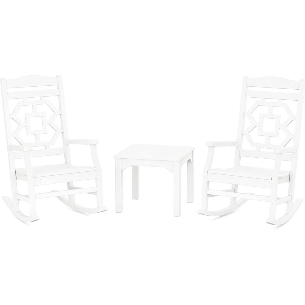 imageMartha Stewart by POLYWOOD Chinoiserie 3Piece Outdoor Rocking Chair Set with Patio Side Table Black HDPE AllWeather Furniture Classic Porch Rockers for Deck Garden amp Backyard Made in The USAWhite