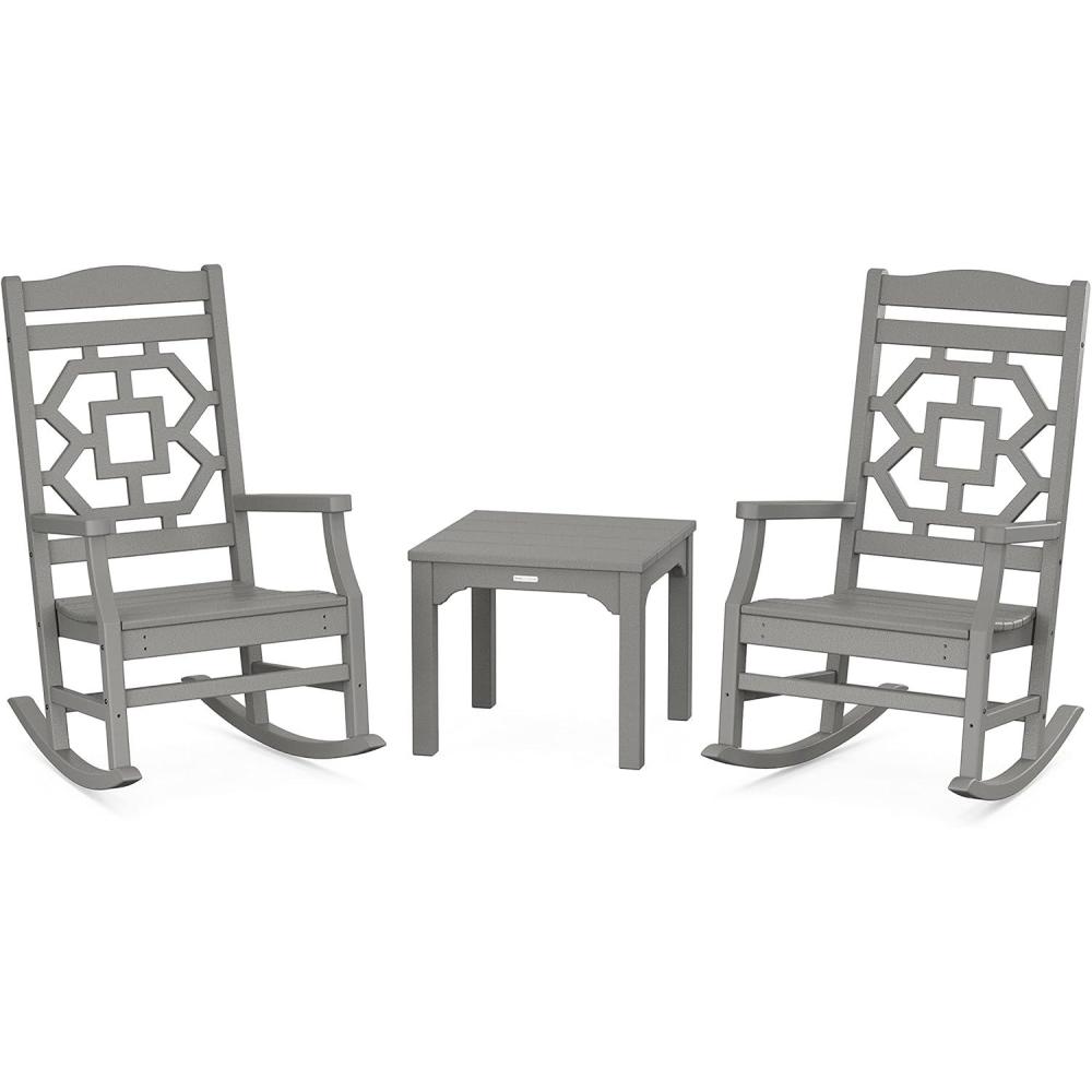 imageMartha Stewart by POLYWOOD Chinoiserie 3Piece Outdoor Rocking Chair Set with Patio Side Table Black HDPE AllWeather Furniture Classic Porch Rockers for Deck Garden amp Backyard Made in The USASlate Grey