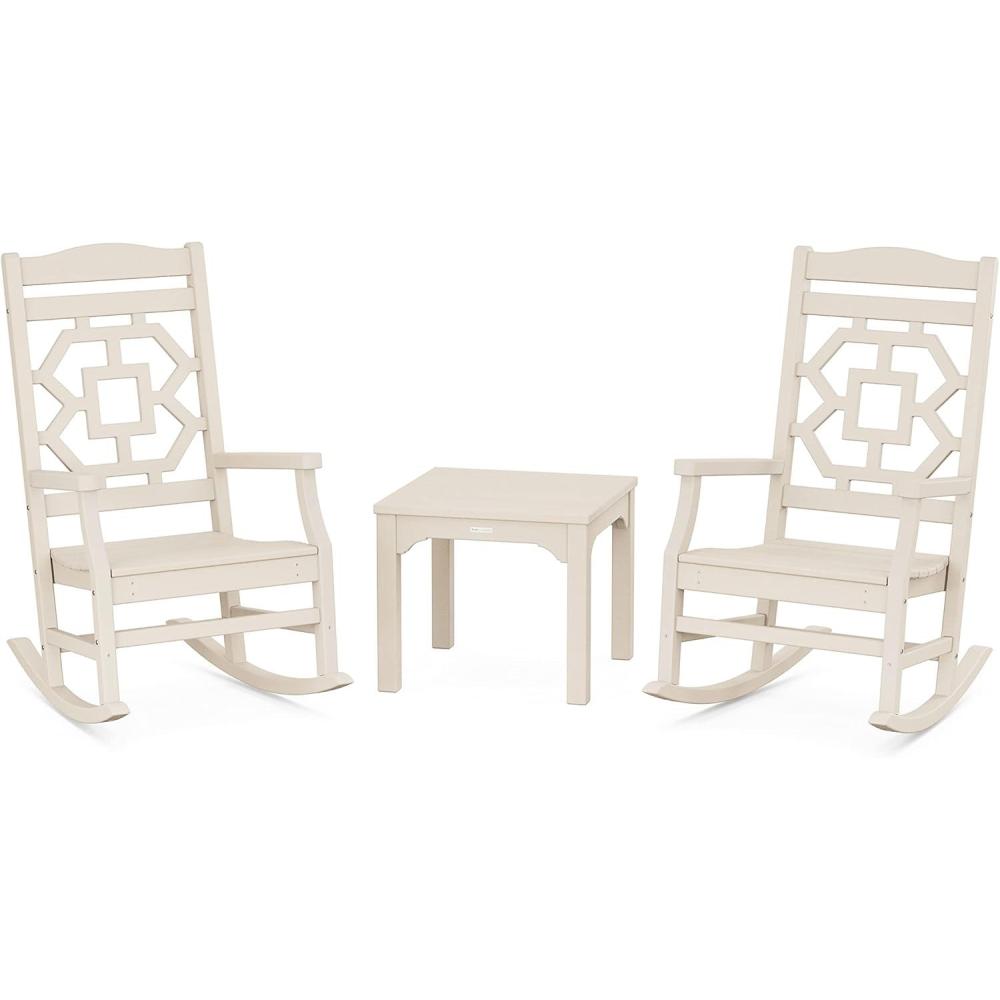 imageMartha Stewart by POLYWOOD Chinoiserie 3Piece Outdoor Rocking Chair Set with Patio Side Table Black HDPE AllWeather Furniture Classic Porch Rockers for Deck Garden amp Backyard Made in The USASand