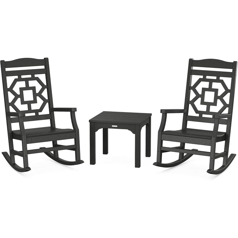 imageMartha Stewart by POLYWOOD Chinoiserie 3Piece Outdoor Rocking Chair Set with Patio Side Table Black HDPE AllWeather Furniture Classic Porch Rockers for Deck Garden amp Backyard Made in The USABlack