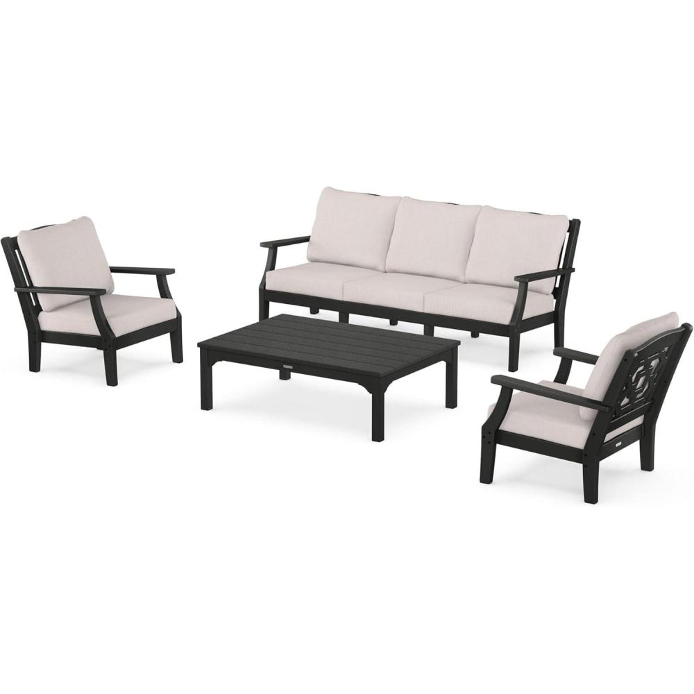 imageMartha Stewart by POLYWOOD Chinoiserie 4Piece Deep Seating Set with Sofa in BlackDune BurlapBlack  Dune Burlap