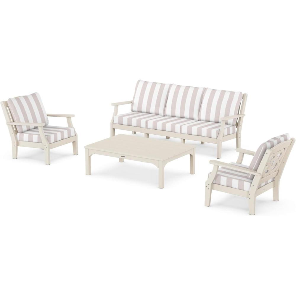imageMartha Stewart by POLYWOOD Chinoiserie 4Piece Deep Seating Set with Sofa in BlackDune BurlapSand  Cabana Stripe Dune Burlap
