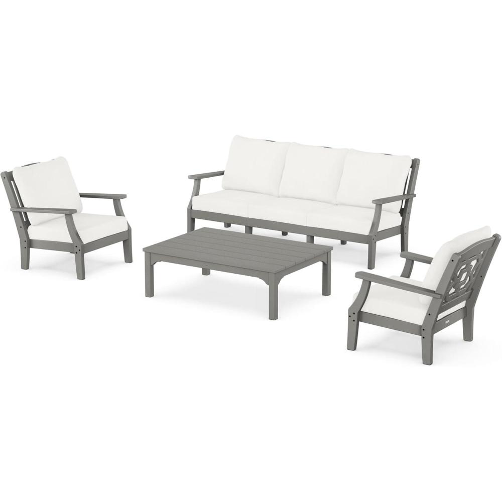 imageMartha Stewart by POLYWOOD Chinoiserie 4Piece Deep Seating Set with Sofa in BlackDune BurlapSlate Grey  Natural Linen