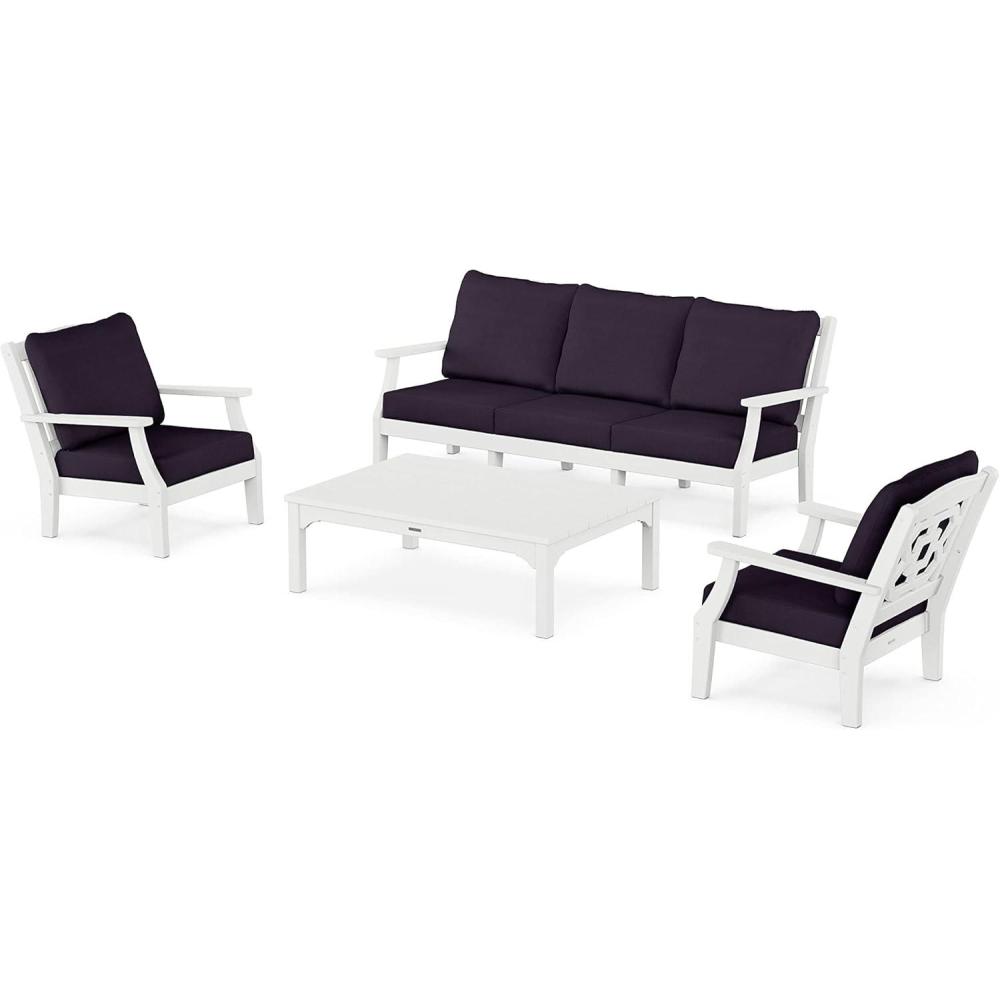imageMartha Stewart by POLYWOOD Chinoiserie 4Piece Deep Seating Set with Sofa in BlackDune BurlapWhite  Navy Linen