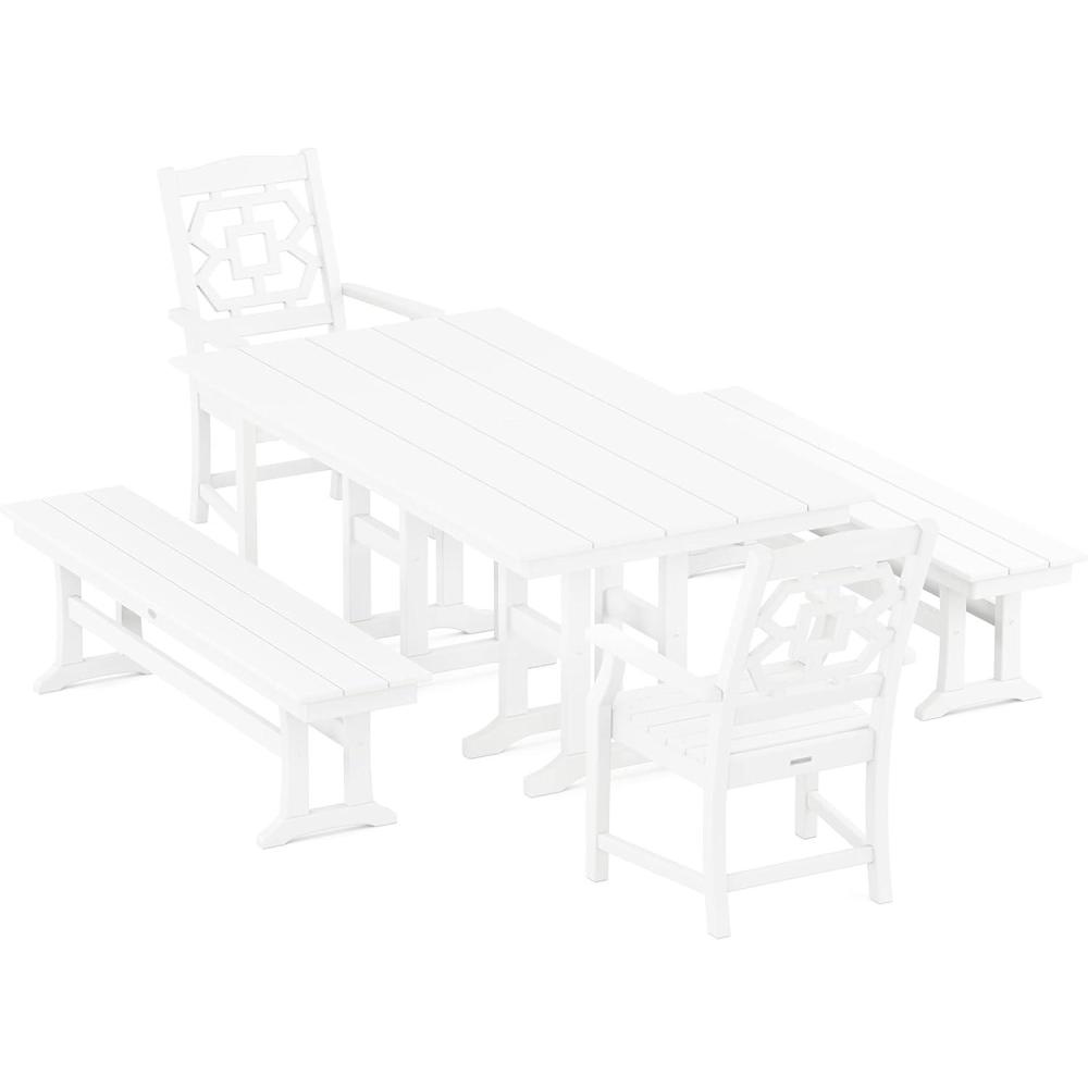 imageMartha Stewart by POLYWOOD Chinoiserie 5Piece Farmhouse Dining Set with Benches in SandWhite