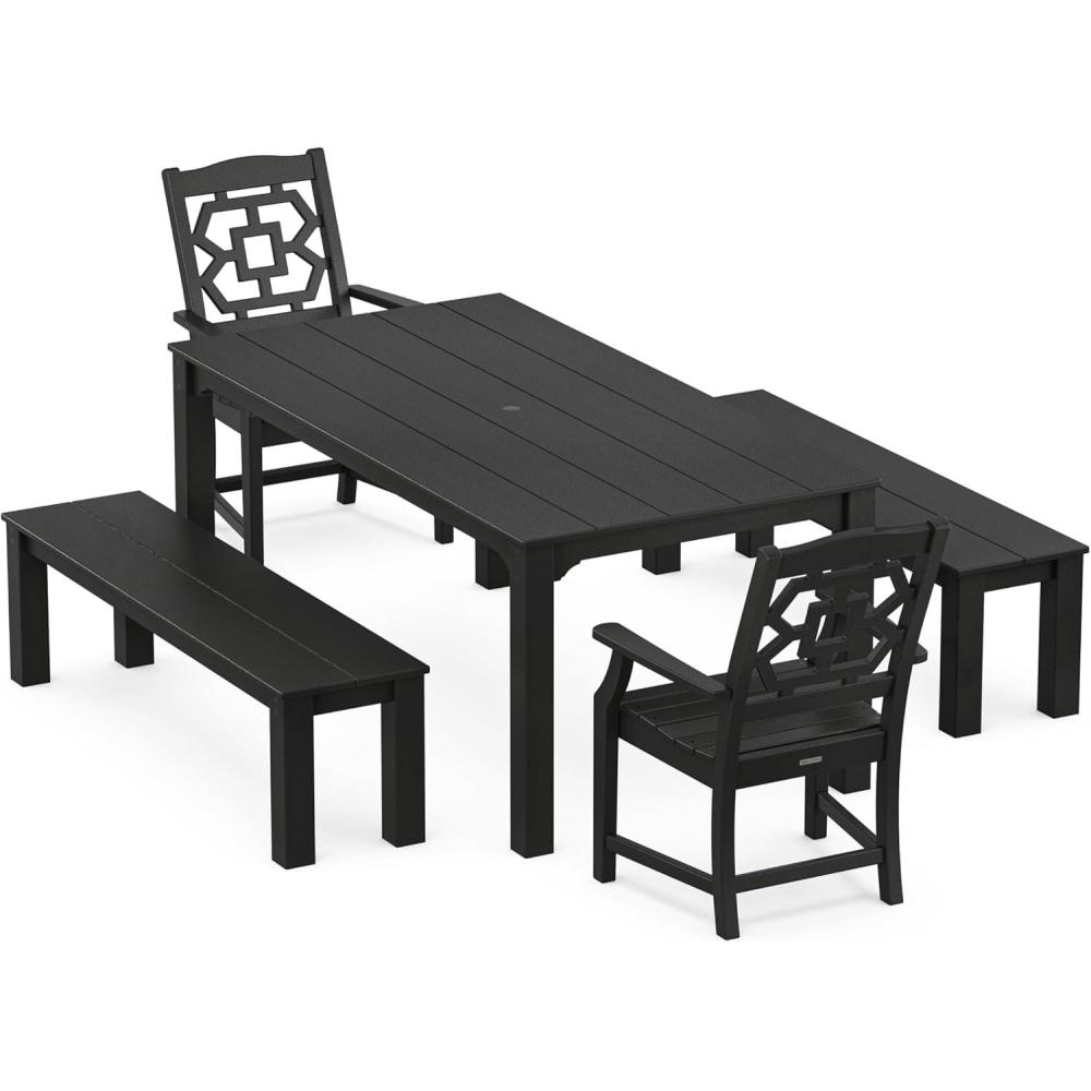 imageMartha Stewart by POLYWOOD Chinoiserie 5Piece Parsons Dining Set with Benches Exclusive in Slate GreyBlack