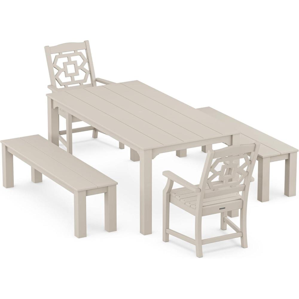 imageMartha Stewart by POLYWOOD Chinoiserie 5Piece Parsons Dining Set with Benches Exclusive in Slate GreySand