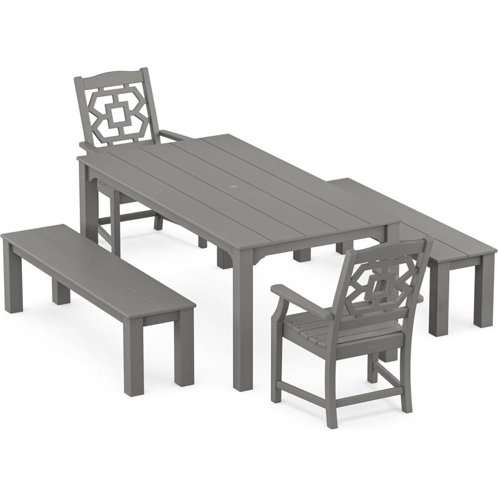 imageMartha Stewart by POLYWOOD Chinoiserie 5Piece Parsons Dining Set with Benches Exclusive in Slate GreySlate Grey
