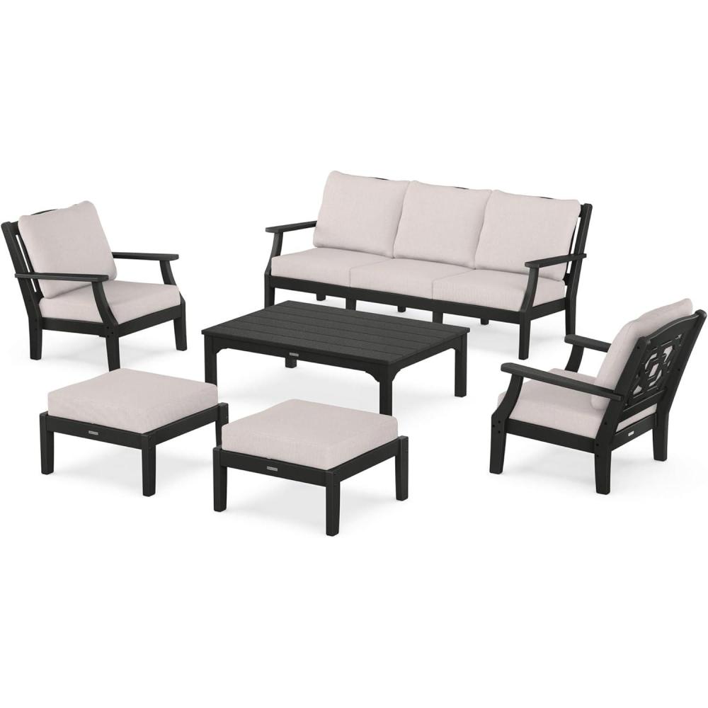 imageMartha Stewart by POLYWOOD Chinoiserie 6Piece Lounge Sofa Set in MahoganySpiced BurlapBlack  Dune Burlap