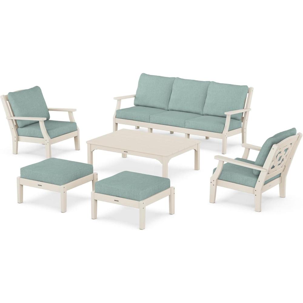 imageMartha Stewart by POLYWOOD Chinoiserie 6Piece Lounge Sofa Set in MahoganySpiced BurlapSand  Glacier Spa