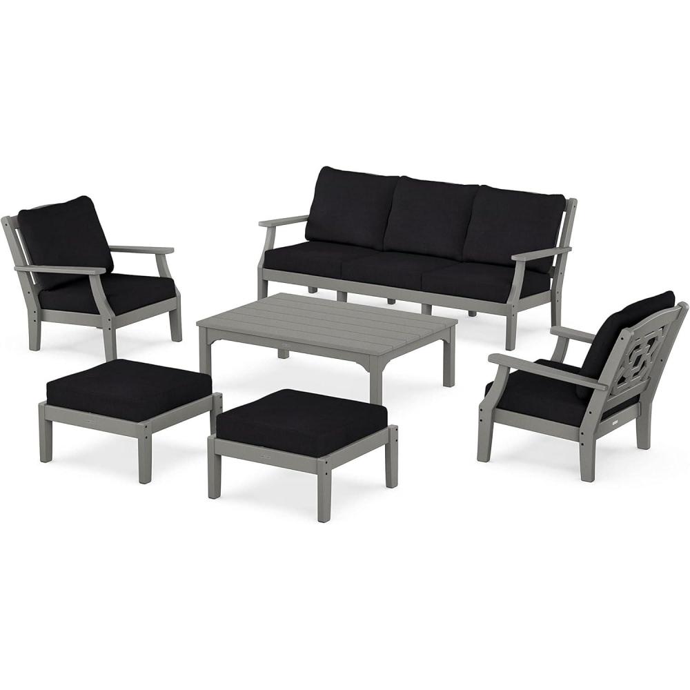 imageMartha Stewart by POLYWOOD Chinoiserie 6Piece Lounge Sofa Set in MahoganySpiced BurlapSlate Grey  Midnight Linen